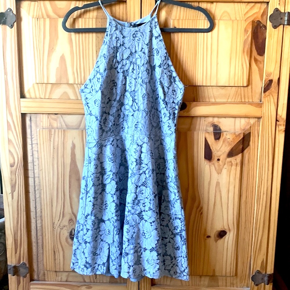 Sky blue fit and flare semi formal dress